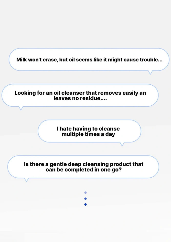 Text bubbles with user queries about oil cleansers on a white background
