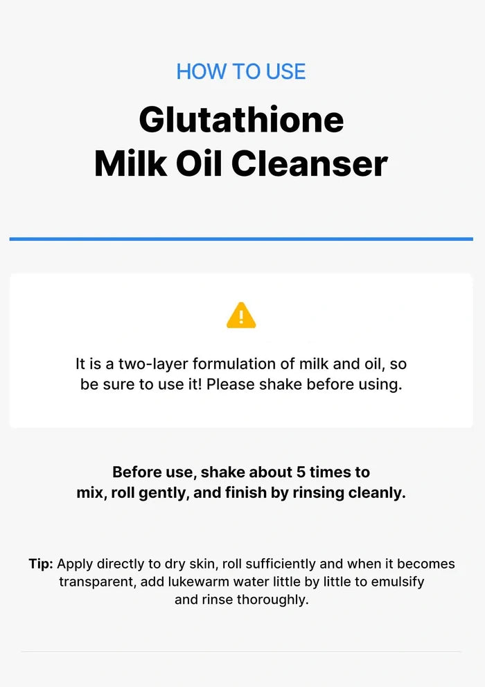 Instructions for using Glutathione Milk Oil Cleanser on a white background