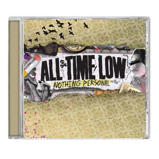 CD Album Cover on white background. All Time Low - Nothing Personal. Collage of various imagery on a yellow/gold patterned background.