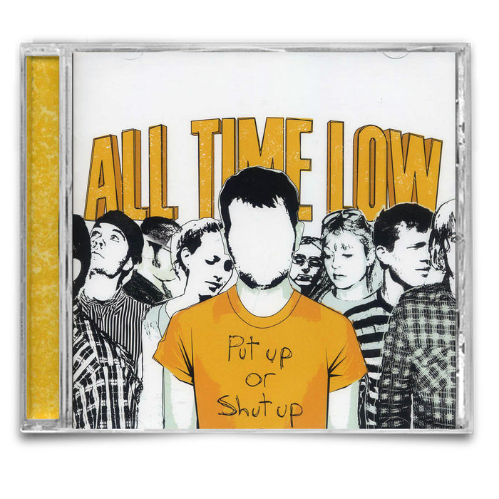 CD cover of 'All Time Low' with a central figure wearing an orange shirt with text, surrounded by other people.