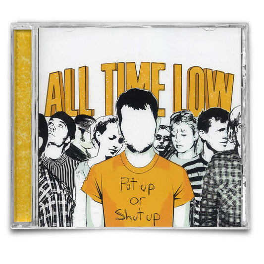 CD cover of 'All Time Low' with a central figure wearing an orange shirt with text, surrounded by other people.