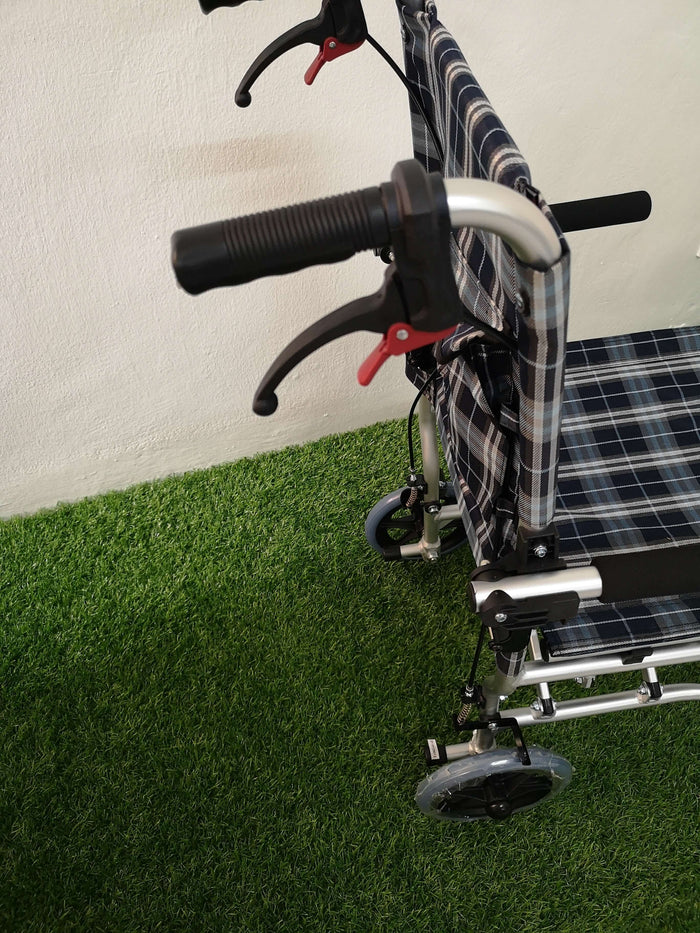 Blue Check Pattern Aluminium Transit Wheelchair with Carry Bag 9kg (16") - Asian Integrated Medical Sdn Bhd (ielder.asia)
