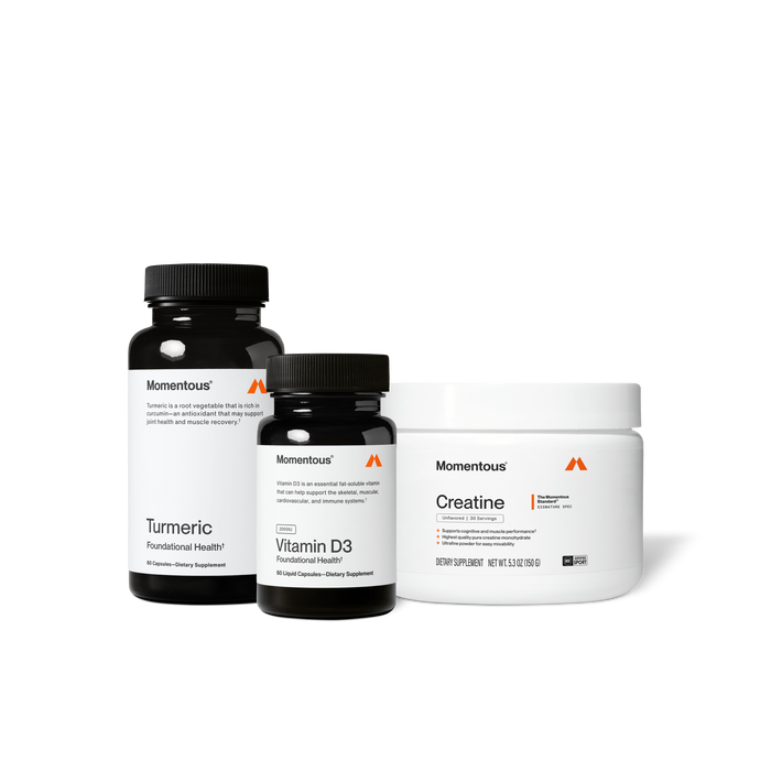 Three Momentous products on a black background: Turmeric – Foundational Health, 60 Capsules, Dietary Supplement; Vitamin D3 – 2000IU, Foundational Health, 60 Liquid Capsules, Dietary Supplement; Creatine – Signature Spec, Unflavored, 30 Servings, Supports cognitive and muscle performance, Highest quality pure creatine monohydrate, Ultrafine powder for easy mixability, 5.3oz (150g), NSF Certified for Sport.
