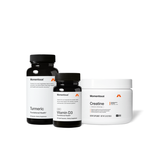 Three Momentous products on a black background: Turmeric – Foundational Health, 60 Capsules, Dietary Supplement; Vitamin D3 – 2000IU, Foundational Health, 60 Liquid Capsules, Dietary Supplement; Creatine – Signature Spec, Unflavored, 30 Servings, Supports cognitive and muscle performance, Highest quality pure creatine monohydrate, Ultrafine powder for easy mixability, 5.3oz (150g), NSF Certified for Sport.