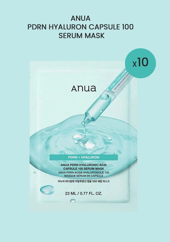 Anua PDRN Hyaluron Capsule 100 Serum Mask packaging with dropper on a light blue background