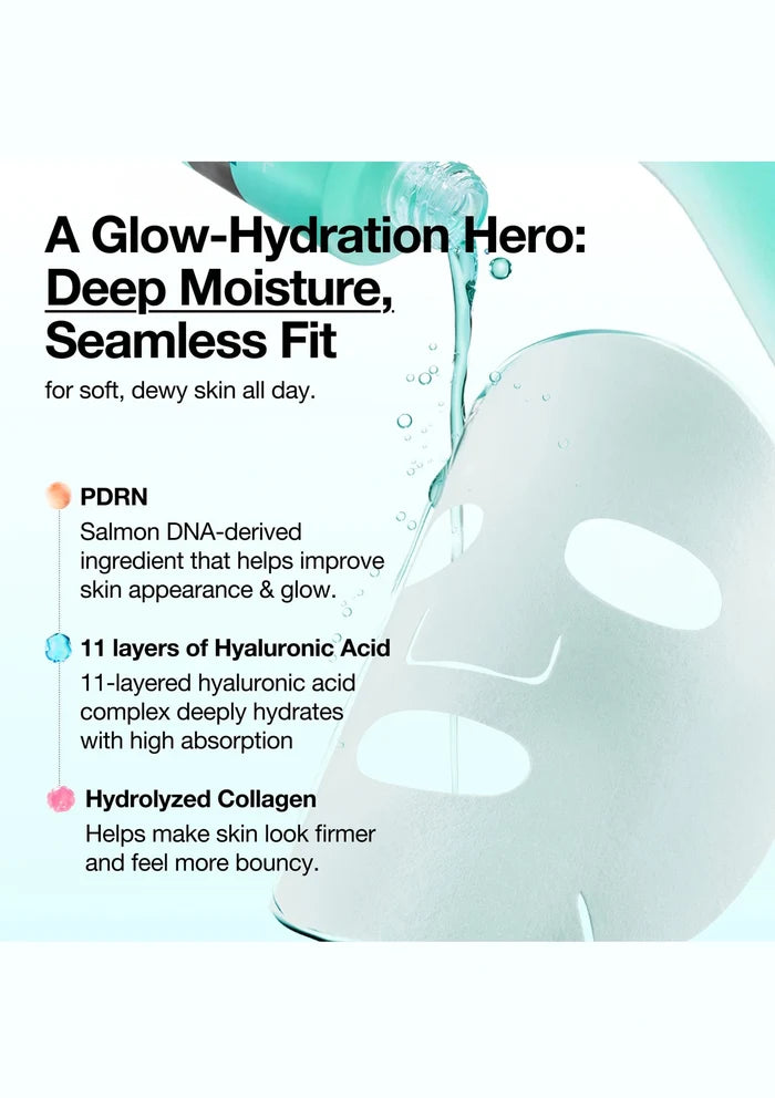 Product packaging with text highlighting features like PDRN, hyaluronic acid, and hydrolyzed collagen.