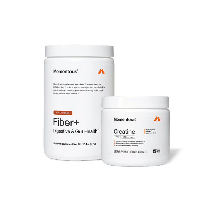 "It's always about the basics. Do what works, do it consistently." – Arnold Schwarzenegger. Two Momentous Fiber+ tubs: Unflavored, 12.3oz (348g) and Pure Cinnamon, 13.1oz (372g) – Digestive & Gut Health, NSF Certified for Sport.