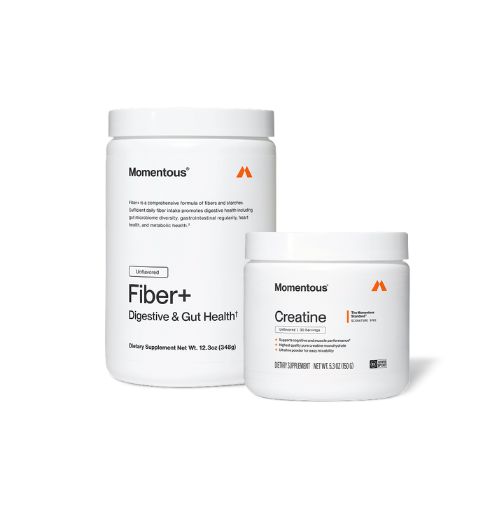 Two Momentous products on black background: Fiber+ – Unflavored, Digestive & Gut Health, 12.3oz (348g); Creatine – Signature Spec, Unflavored, 30 Servings, Supports cognitive and muscle performance, 5.3oz (150g), NSF Certified for Sport.