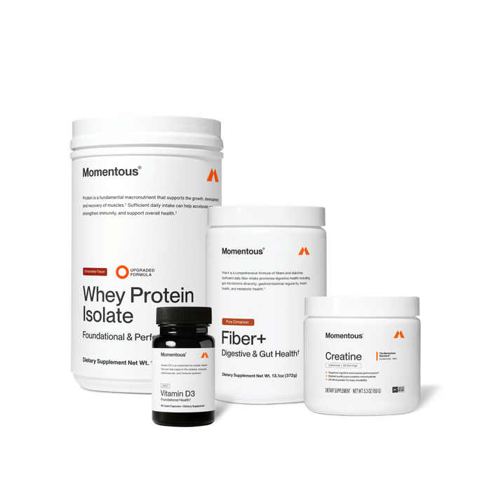 Four Momentous products on black background: Whey Protein Isolate – Chocolate Flavor, Upgraded Formula, Foundational & Performance; Vitamin D3 – 2000IU, Foundational Health, 60 Liquid Capsules; Fiber+ – Pure Cinnamon, Digestive & Gut Health, 13.1oz (372g); Creatine – Signature Spec, Unflavored, 30 Servings, 5.3oz (150g), NSF Certified for Sport.