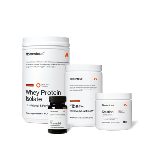 Four Momentous products on black background: Whey Protein Isolate – Chocolate Flavor, Upgraded Formula, Foundational & Performance; Vitamin D3 – 2000IU, Foundational Health, 60 Liquid Capsules; Fiber+ – Pure Cinnamon, Digestive & Gut Health, 13.1oz (372g); Creatine – Signature Spec, Unflavored, 30 Servings, 5.3oz (150g), NSF Certified for Sport.