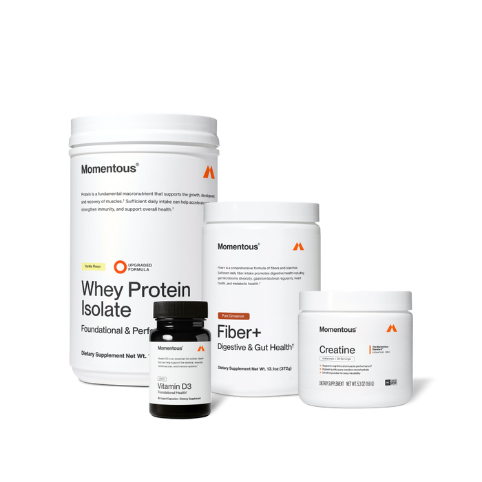 Four Momentous products on black background: Whey Protein Isolate – Vanilla Flavor, Upgraded Formula, Foundational & Performance; Vitamin D3 – 2000IU, Foundational Health, 60 Liquid Capsules; Fiber+ – Pure Cinnamon, Digestive & Gut Health, 13.1oz (372g); Creatine – Signature Spec, Unflavored, 30 Servings, 5.3oz (150g), NSF Certified for Sport.