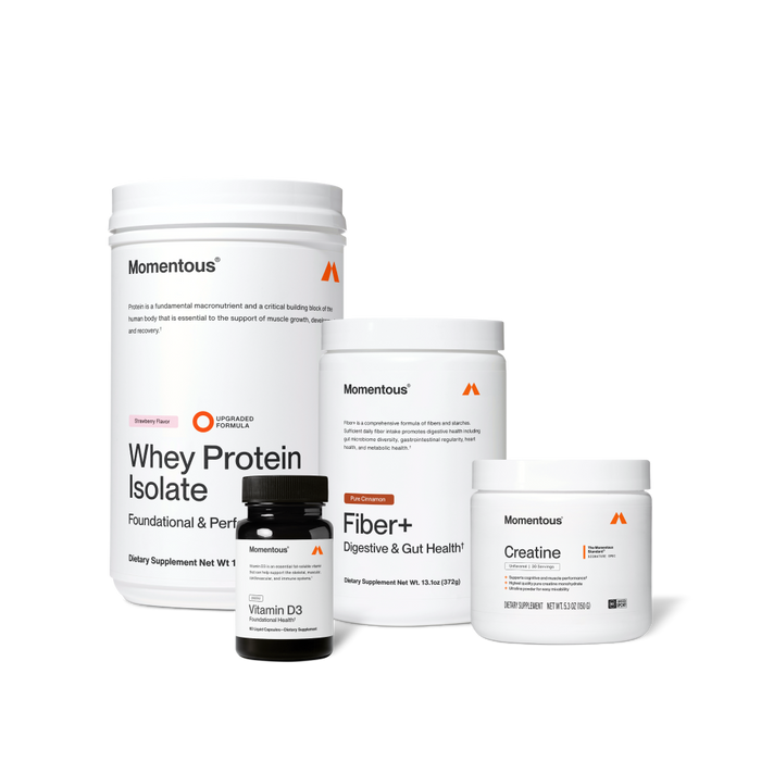 Four Momentous products on black background: Whey Protein Isolate – Strawberry Flavor, Upgraded Formula, Foundational & Performance; Vitamin D3 – 2000IU, Foundational Health, 60 Liquid Capsules; Fiber+ – Pure Cinnamon, Digestive & Gut Health, 13.1oz (372g); Creatine – Signature Spec, Unflavored, 30 Servings, 5.3oz (150g), NSF Certified for Sport.
