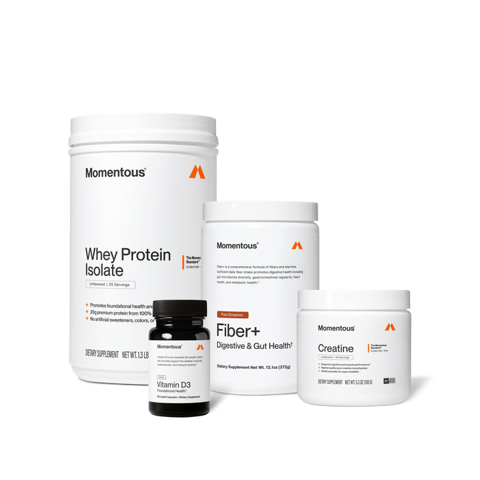 Momentous Whey Protein Isolate, The Momentous Standard, Signature Spec, Unflavored, 25 Servings. Promotes foundational health and lean muscle. 20g premium protein from 100% grass-fed whey isolate. No artificial sweeteners, colors, or flavors. Dietary Supplement, Net Wt. 1.3 LB. Momentous Vitamin D3, Foundational Health, Dietary Supplement. Momentous Fiber+, Digestive & Gut Health, Dietary Supplement Net Wt. 13.1oz (372g). Momentous Creatine, The Momentous Standard, Signature Spec. Dietary Supple