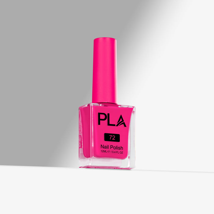 Pink nail polish bottle with 'PLA' brand on a gray background