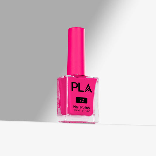 Pink nail polish bottle with 'PLA' brand on a gray background