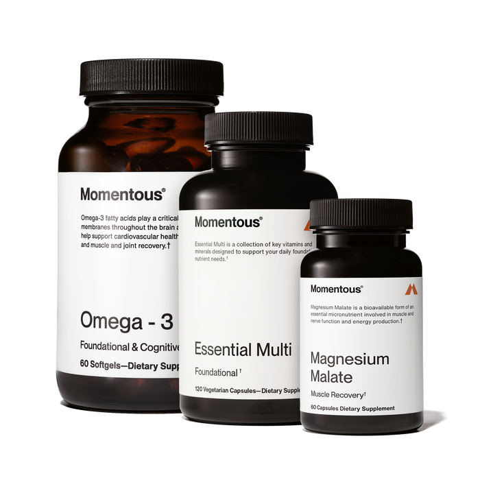 Momentous Athletic Foundational Stack, which includes a bottle of Magnesium Malate, a bottle of Multivitamin and a bottle of Omega-3.