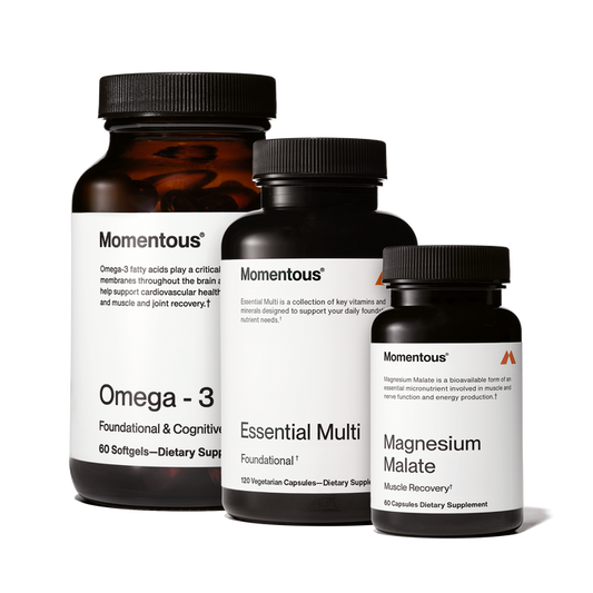 Momentous Athletic Foundational Stack, which includes a bottle of Magnesium Malate, a bottle of Multivitamin and a bottle of Omega-3.