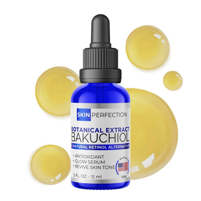 Skin Perfection Botanical Extract Bakuchiol serum bottle with dropper on a white background