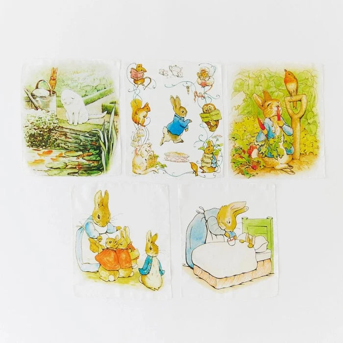 Set of mini playsilks featuring illustrations from Beatrix Potter on a white background.