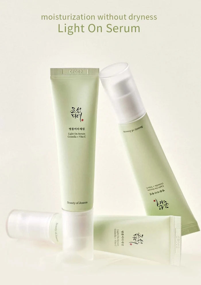 Light On Serum packaging with a green and white color scheme on a light background