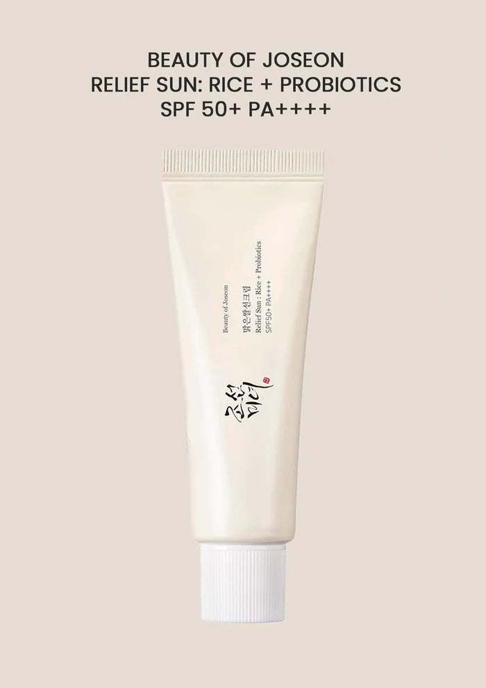Beauty of Joseon sunscreen tube with text on a beige background