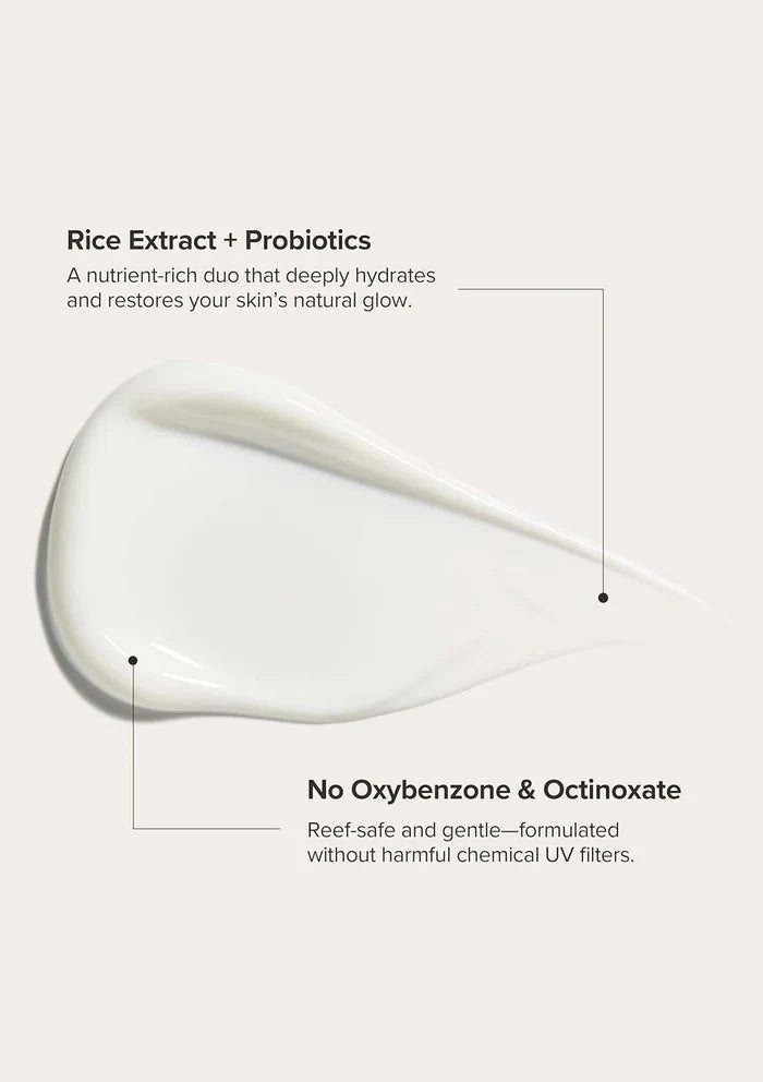 Product droplet with text about rice extract, probiotics, and safety features on a white background