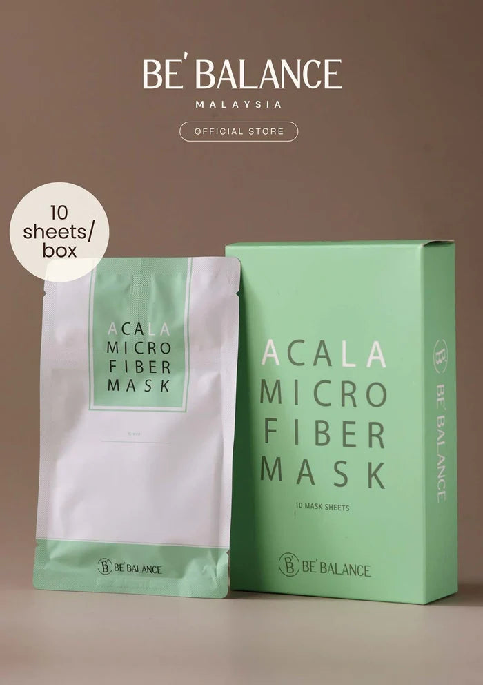 Acala Microfiber Mask packaging with 'Be Balance' branding on a brown background