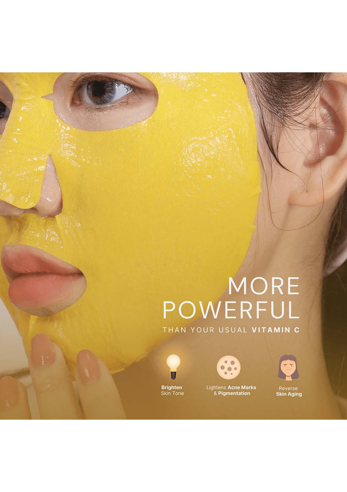 Yellow face mask being applied to a person's face with text highlighting its benefits.