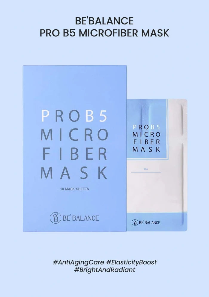 Be'Balance Pro B5 Microfiber Mask packaging on a light blue background