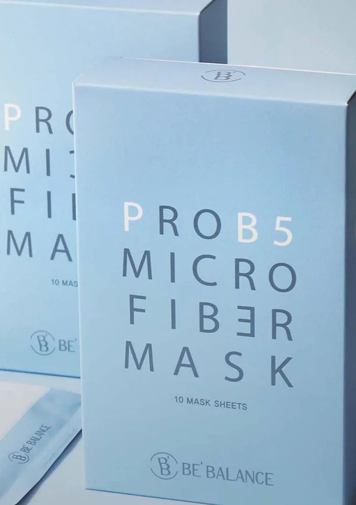 Packaging of PROB5 Microfiber Mask by Be'Balance on a light blue background