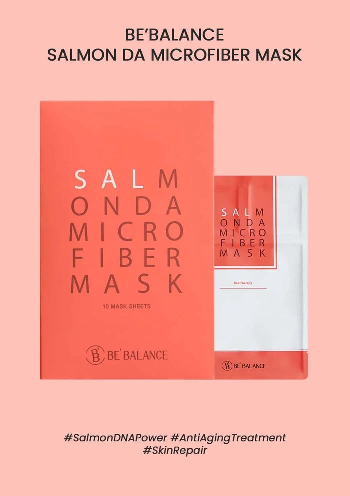 Be'Balance Salmon Da Microfiber Mask packaging on a pink background