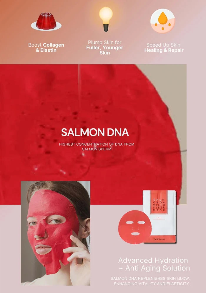 Salmon DNA facial mask with benefits listed on a red and pink background