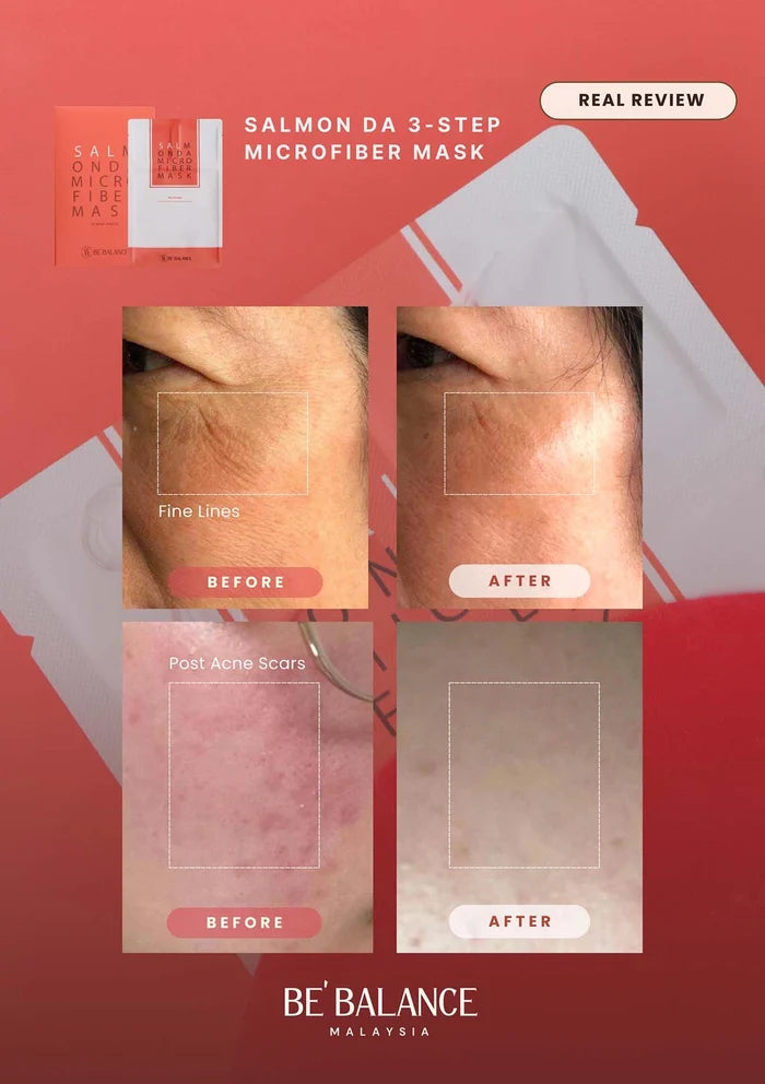 Advertisement for Salmon Da 3-Step Microfiber Mask by Be'Balance Malaysia showing before and after effects on skin.