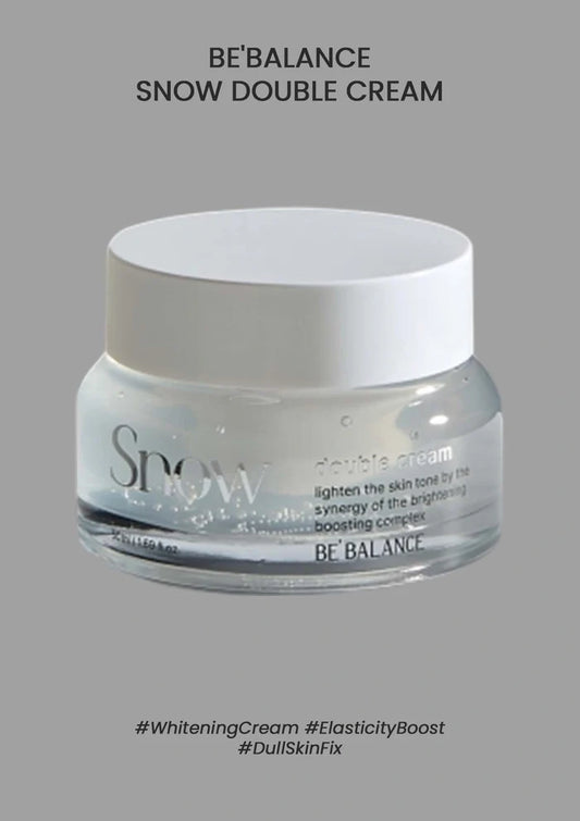 Jar of 'Snow Double Cream' with branding and product features on a gray background