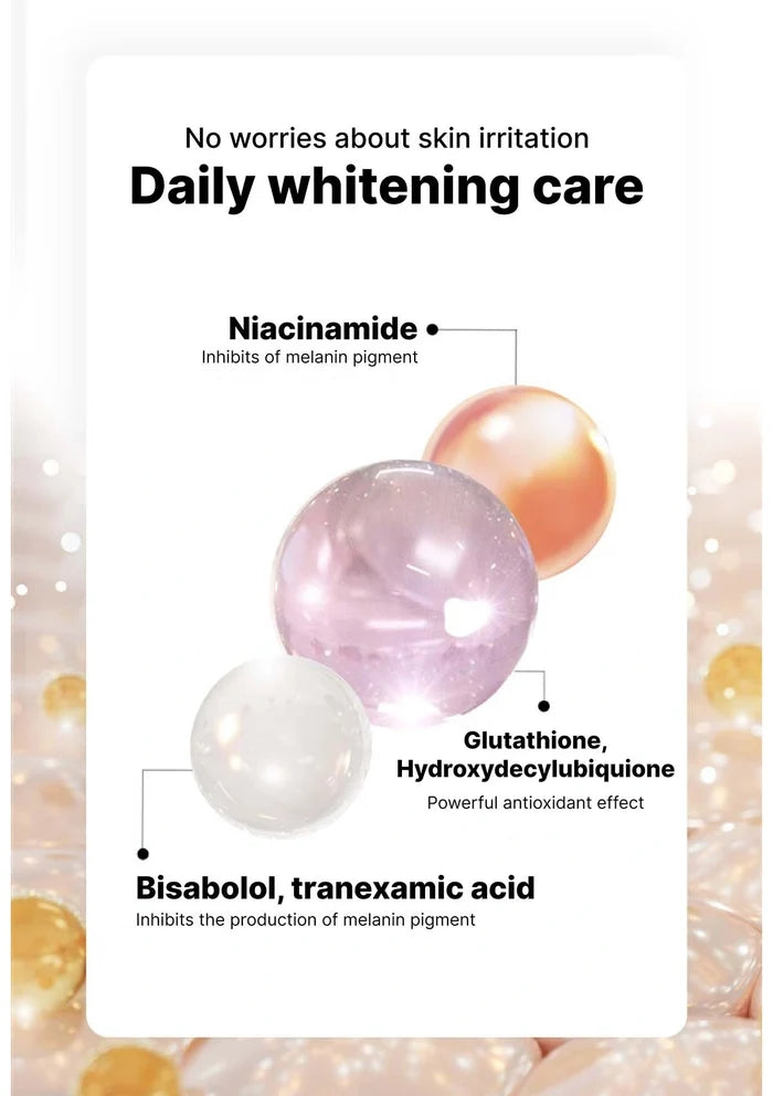 Advertisement for daily whitening care with ingredients like niacinamide, glutathione, and bisabolol.