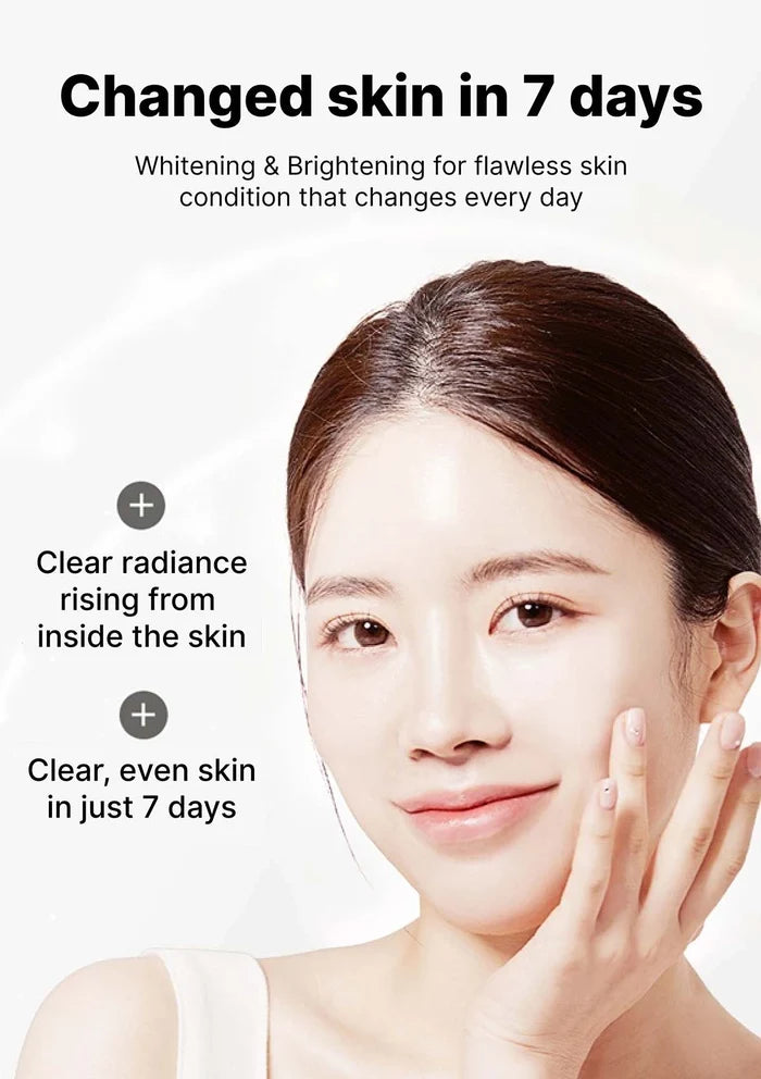Woman with clear skin showing improvement after 7 days, with text about whitening and brightening.