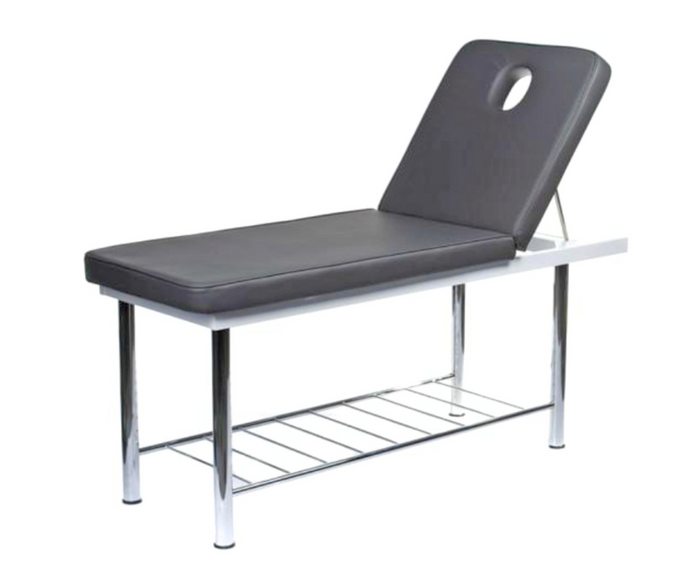 A grey standard therapist massage bed with adjustable top part, featuring a grey vinyl cover, breathing hole with cushion, and silver powder coat legs.