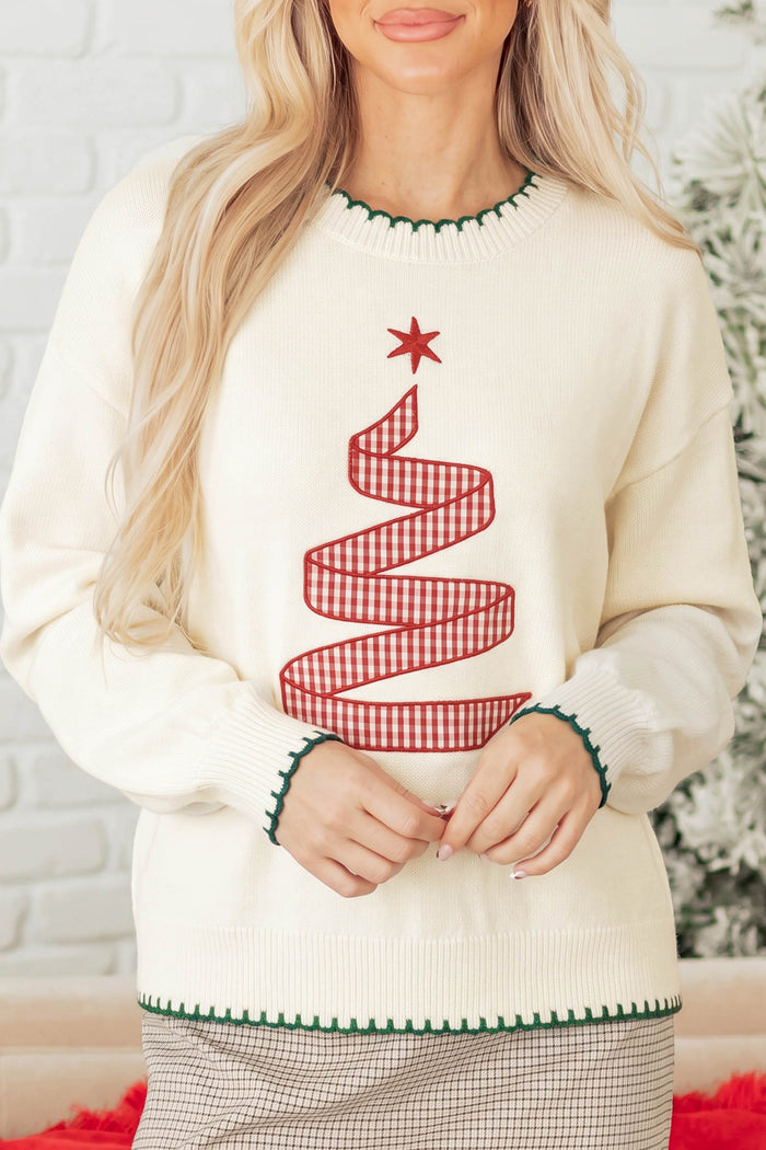 Beige Stitched Detail Christmas Tree Holiday Casual Sweater 🇺🇸