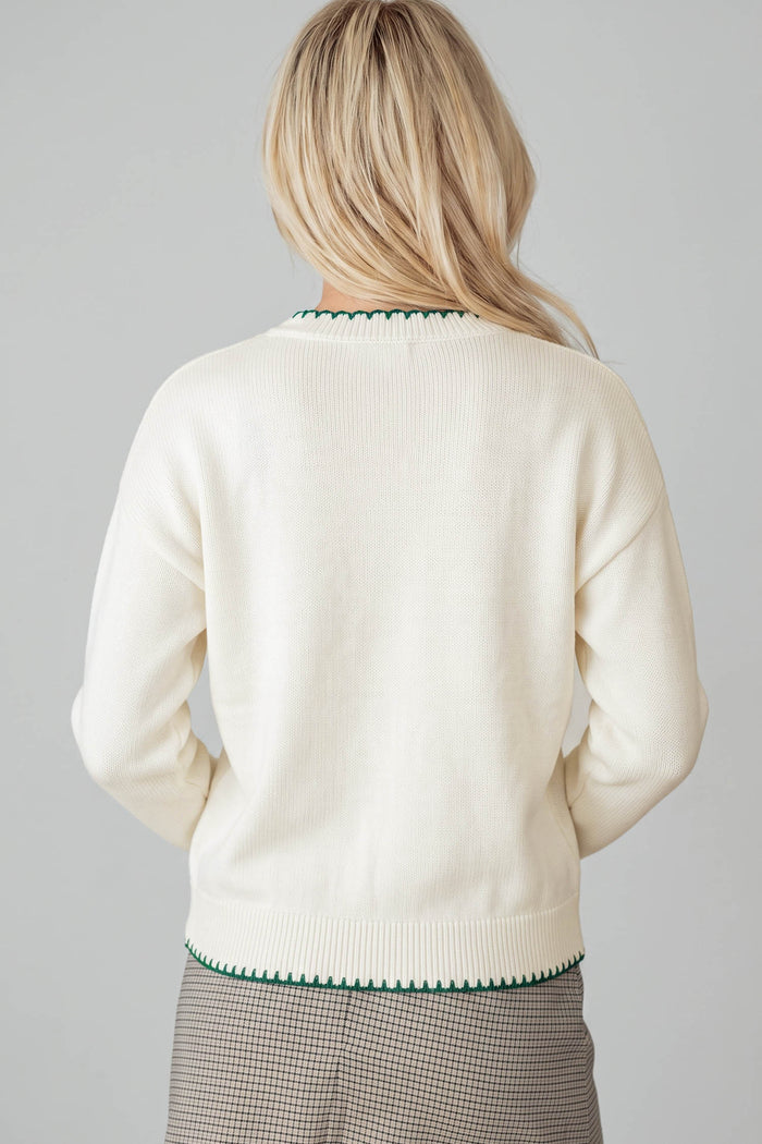 Beige Stitched Detail Christmas Tree Holiday Casual Sweater 🇺🇸