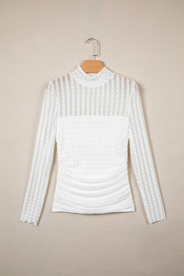 Beige Textured Sheer Lace High Neck Long Sleeve Top 🇺🇸