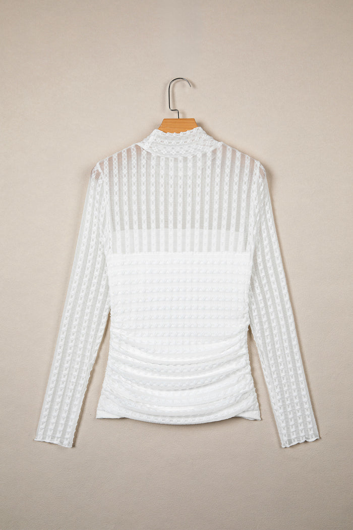 Beige Textured Sheer Lace High Neck Long Sleeve Top 🇺🇸
