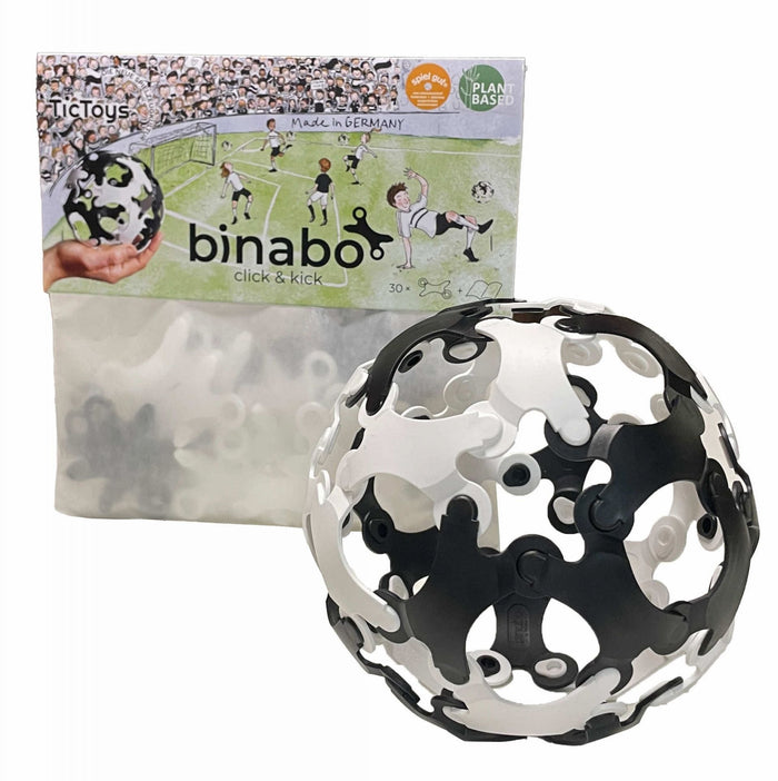 Binabo black & white click & kick ball with packaging on a white background