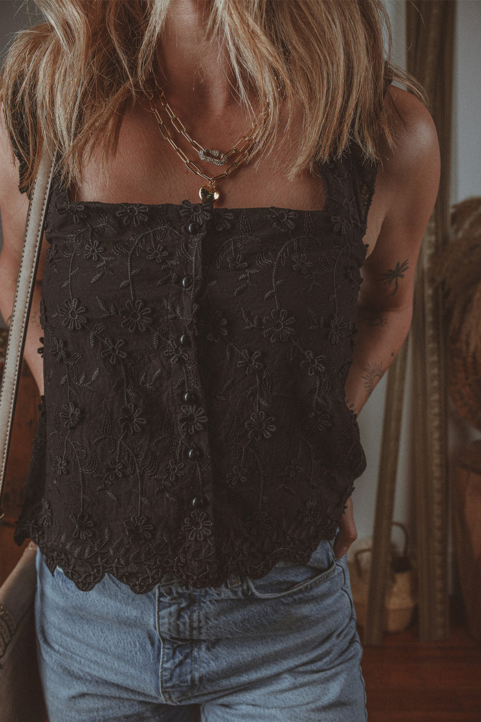 Black Floral Embroidered Buttoned Square Neck Tank Top 🇺🇸