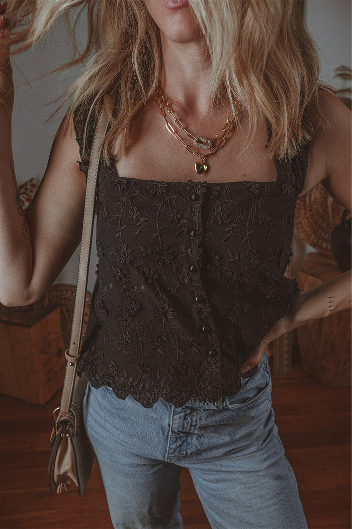 Black Floral Embroidered Buttoned Square Neck Tank Top 🇺🇸