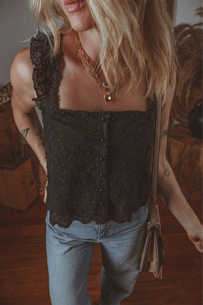 Black Floral Embroidered Buttoned Square Neck Tank Top 🇺🇸