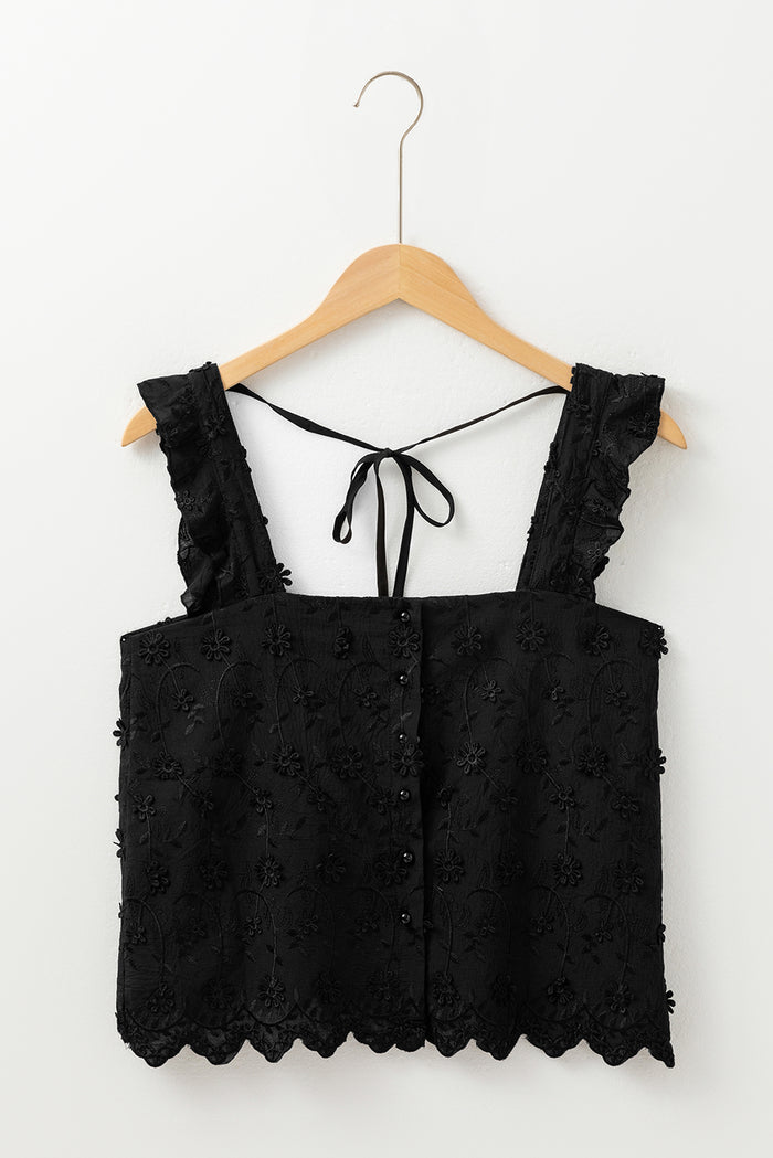 Black Floral Embroidered Buttoned Square Neck Tank Top 🇺🇸