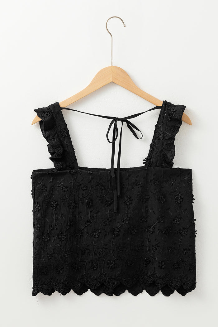 Black Floral Embroidered Buttoned Square Neck Tank Top 🇺🇸