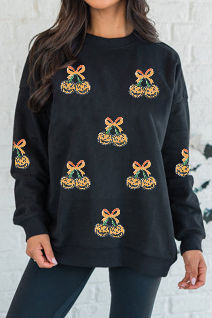 Black Halloween Sequin Pumpkin Graphic Relaxed Pullover Sweatshirt 🇺🇸