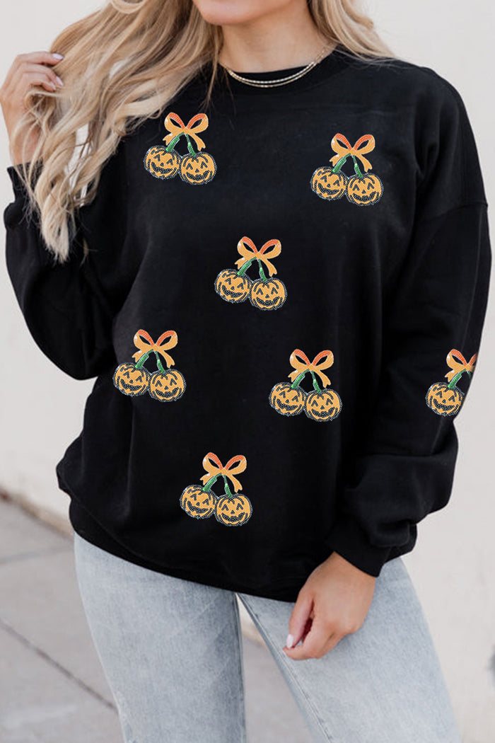 Black Halloween Sequin Pumpkin Graphic Relaxed Pullover Sweatshirt 🇺🇸