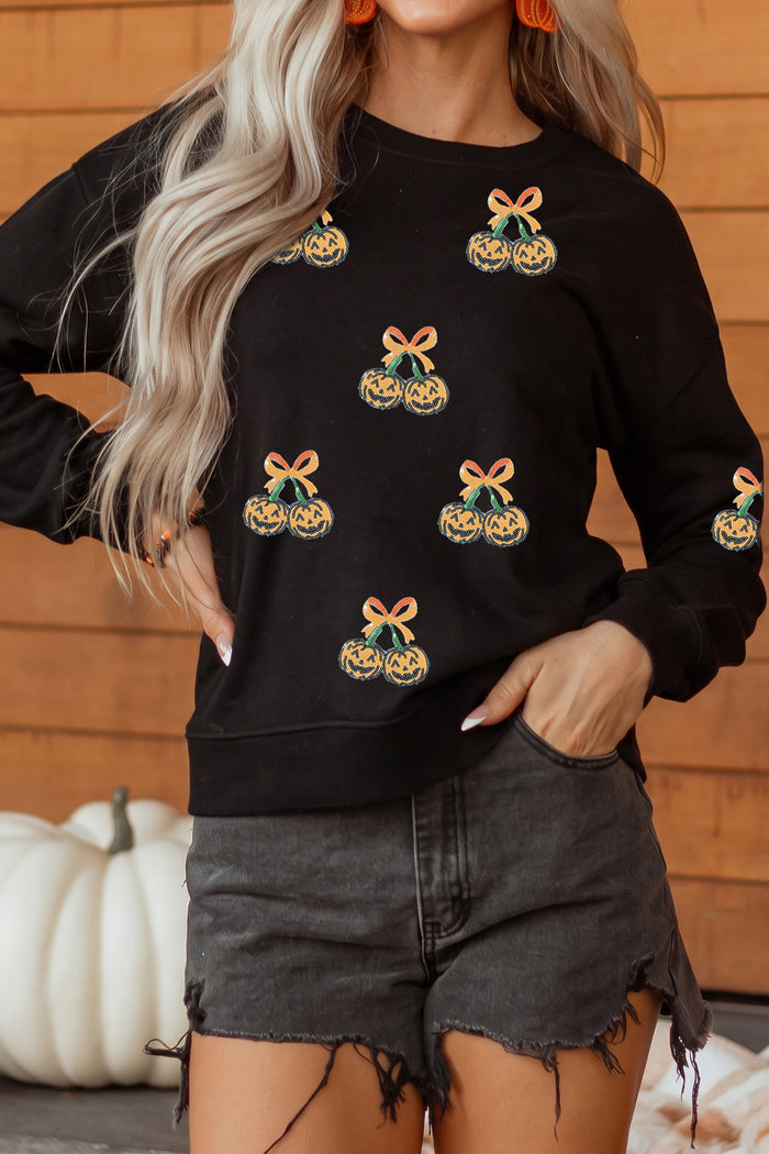 Black Halloween Sequin Pumpkin Graphic Relaxed Pullover Sweatshirt 🇺🇸